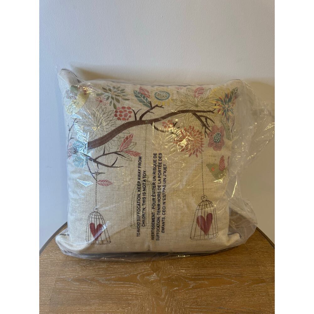 Kingray Decorative Throw Pillow Bird Floral Design Feather Fill 20x20 Linen - Picture 1 of 3
